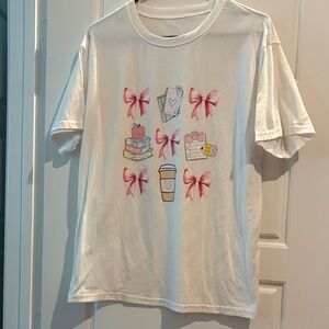 White Graphic Tee with Pink Ribbon and Teacher School Icons